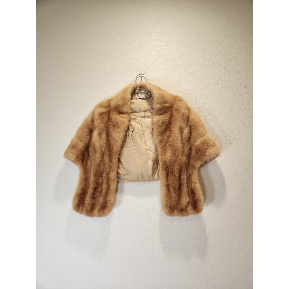 Vintage Harman Fur Farms Genuine Fur Stole Cape Wrap Golden Beige Monogram